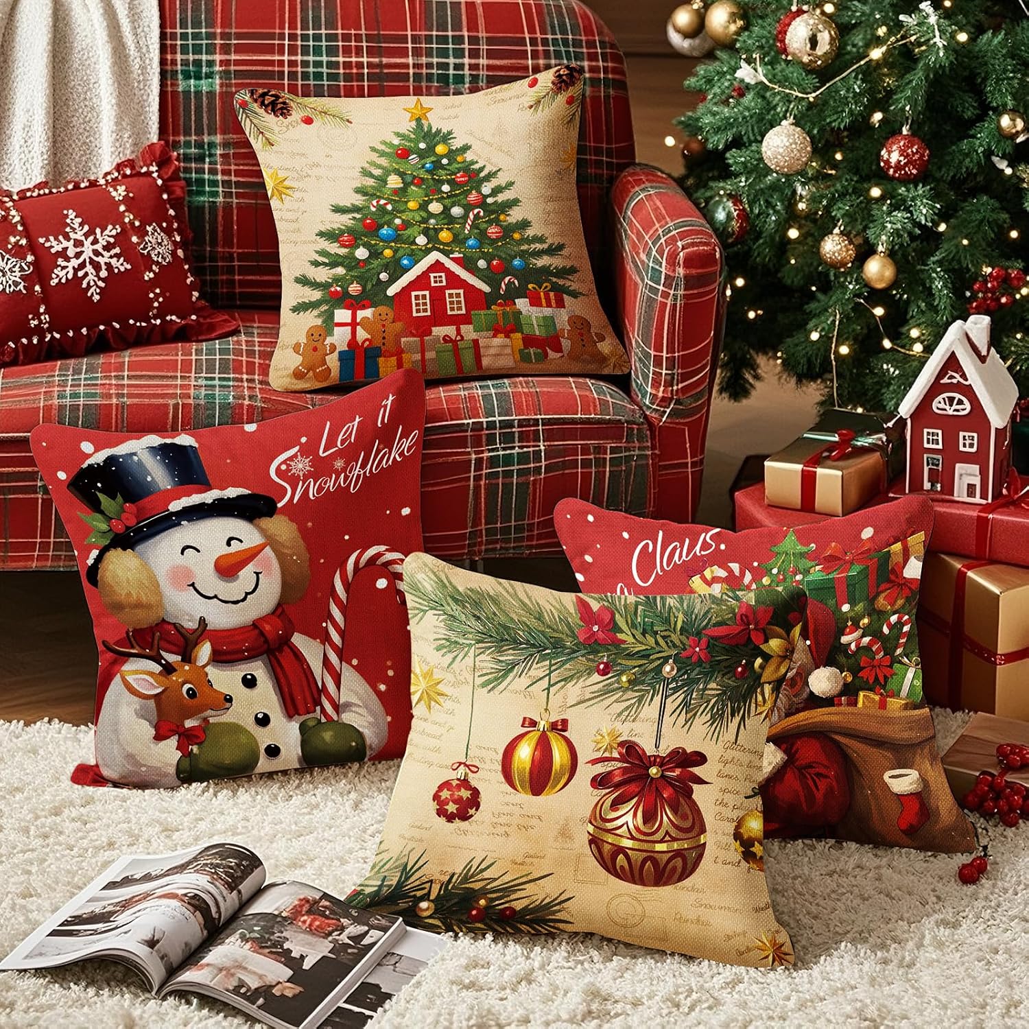 Christmas Cushion Cover, 45 x 45 cm, without Cushion Filling, Set of 4, Linen Look, Square Christmas Cushion Covers with Zip for Sofa, Living Room, Christmas Decorations (Multi-Colour) – Bild 6