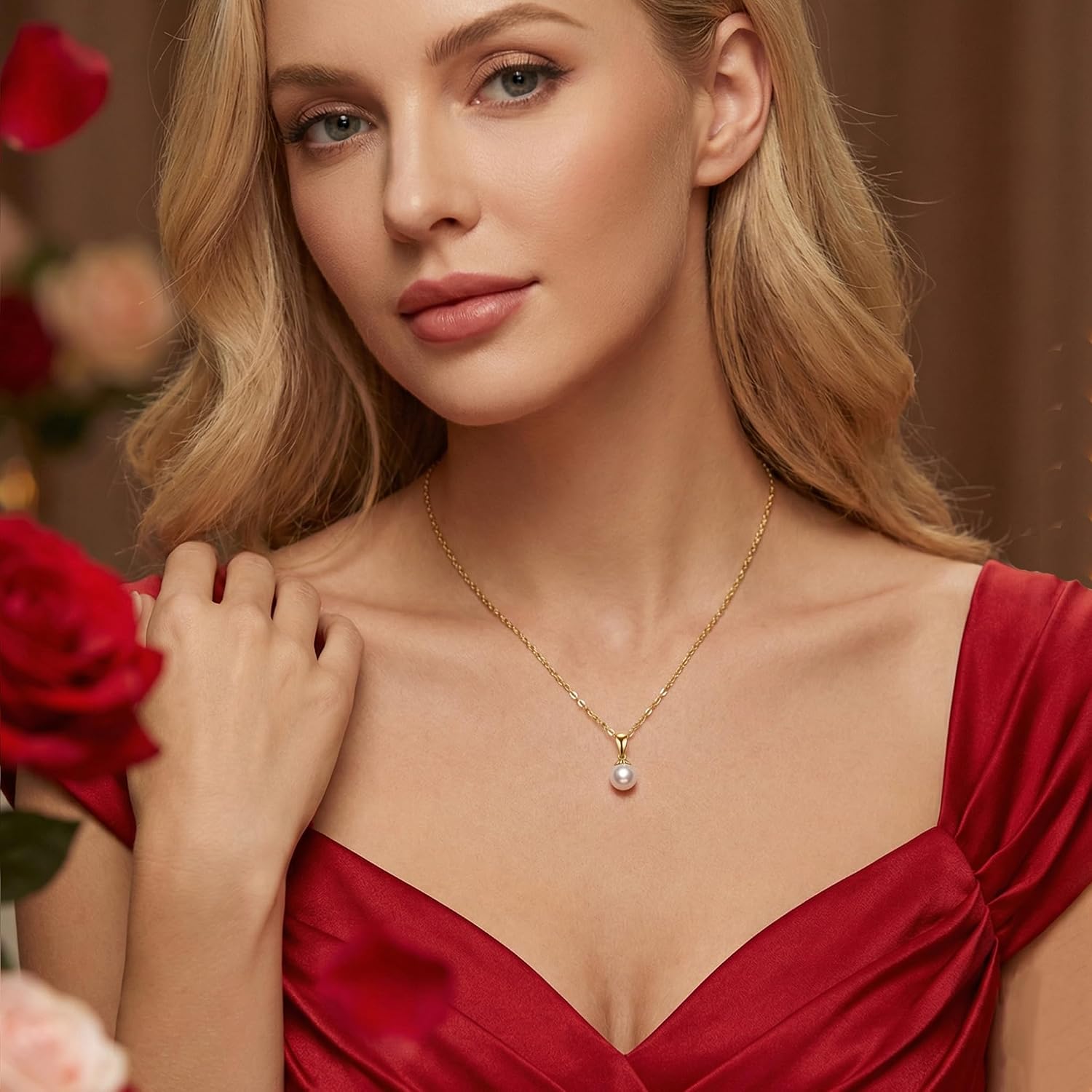 9k Real Gold Pearl Necklace for Women with 18k Gold Pendant, 9 ct/375 Golden Pearl Pendant Chain Jewellery Gifts for Birthday Christmas 40 + 5 cm – Bild 2