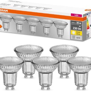 Osram LED Base PAR16, Socket: GU10, Non-Dimmable, Warm White, Replaces a Standard 35 Watt Lamp, 36 Degree Beam Angle, Pack of 5