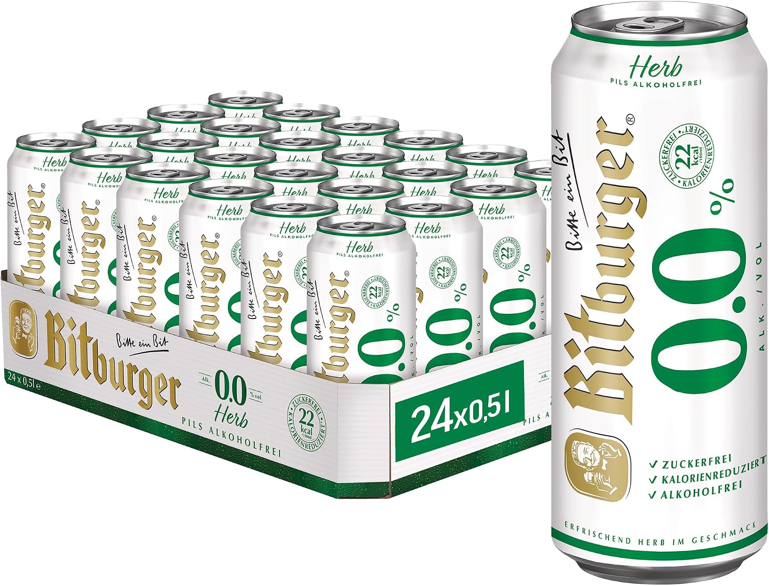 Bitburger 0.0% Herb Pils Alcohol-Free – Canned Beer 24 x 0.5 L Sugar-Free