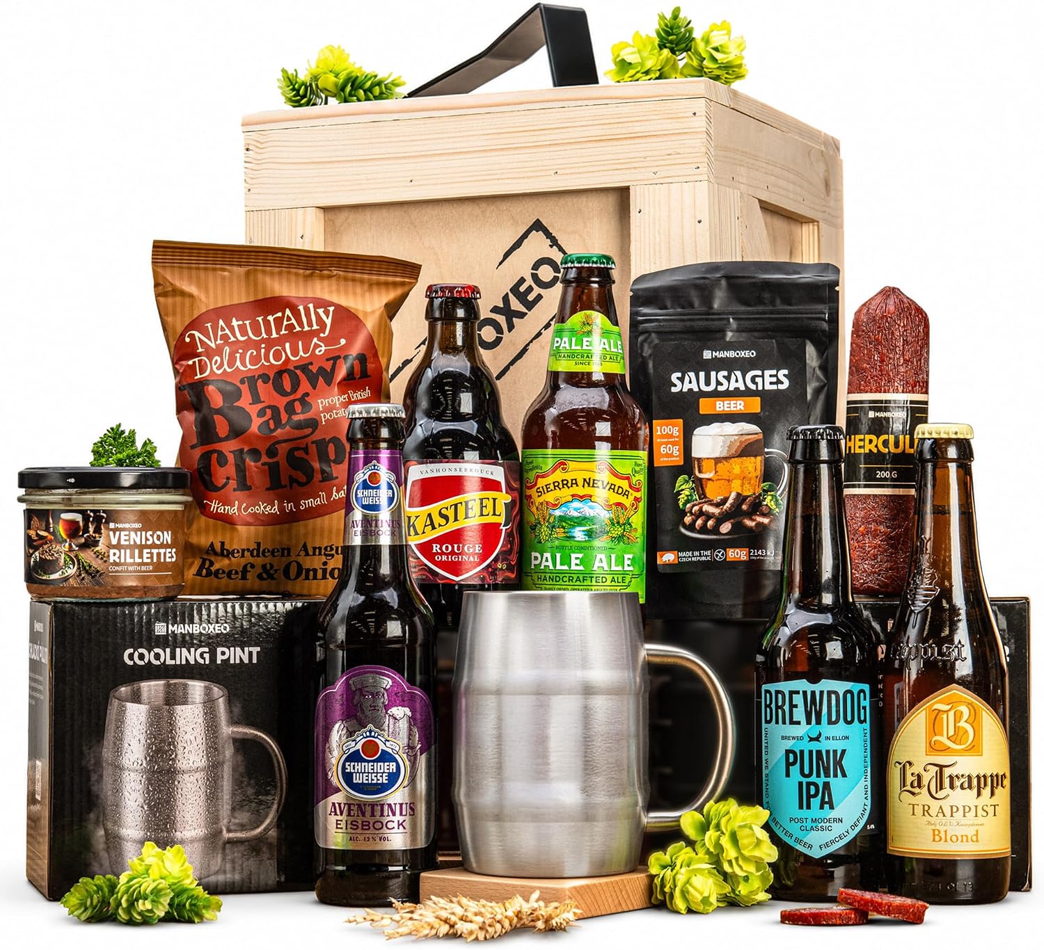Manboxeo Signature Beer Gift Box, 12-Piece Gift Set for Beer Lovers, Birthday Gift for Men with Beer Mug, Craft Beer and Gourmet Snacks