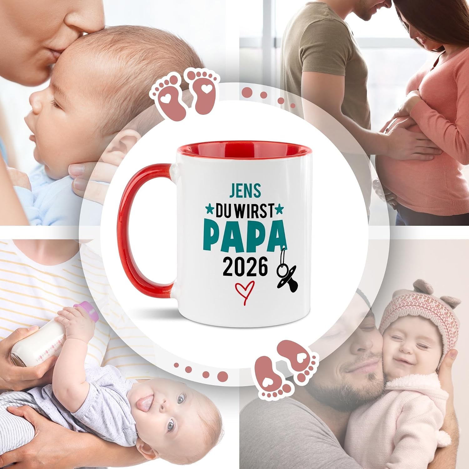 Tassendruck Baby-News Tasse mit Name & Jahr selbst gestalten - Du wirst Papa - Personalisiertes Geschenk zur Schwangerschaft für werdenden Vater - Keramiktasse, 300 ml, Innen & Henkel Rot – Bild 4