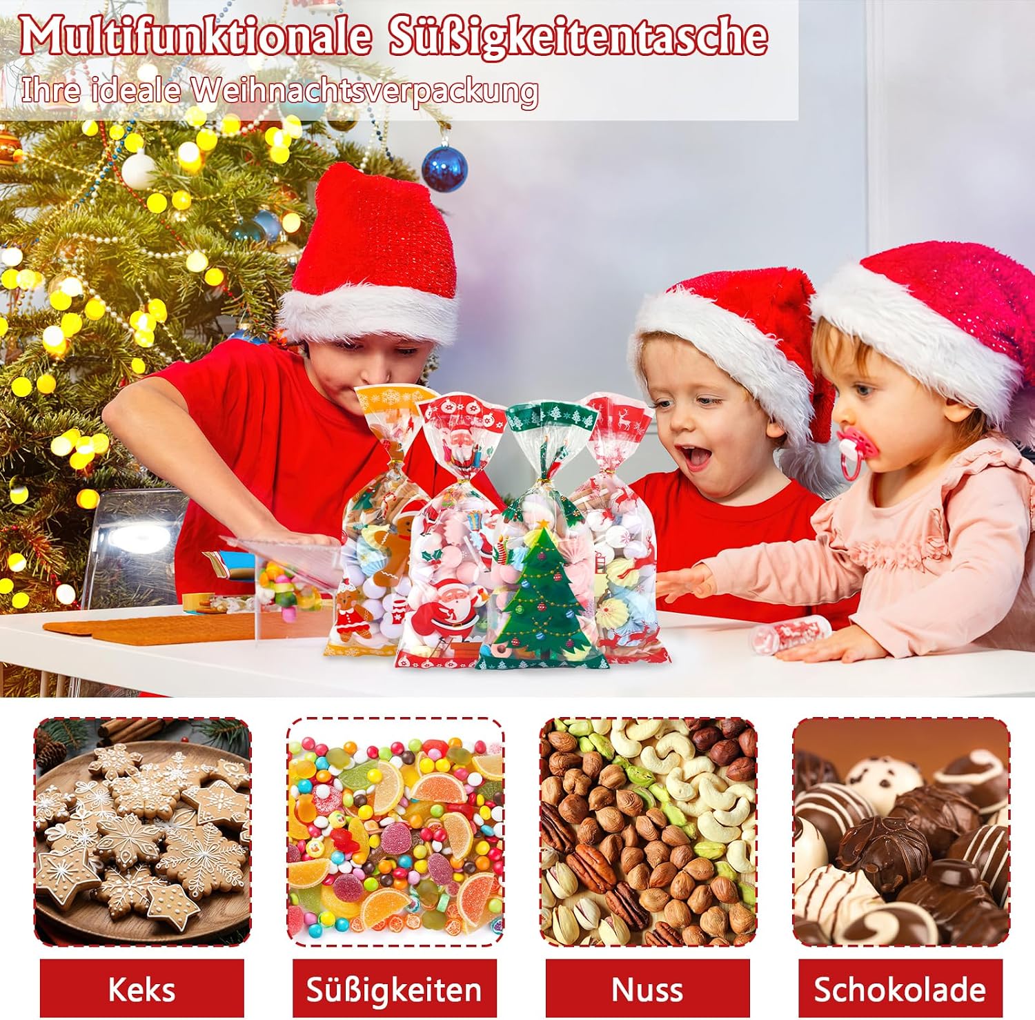 Pack of 120 Cellophane Bags, Christmas Candy Bags, Biscuits, Goody Bags with 120 Twist Ties, Bags for Filling, Cellophane Bags Small for Cookies, Biscuits, Chocolates (Yellow) – Bild 4