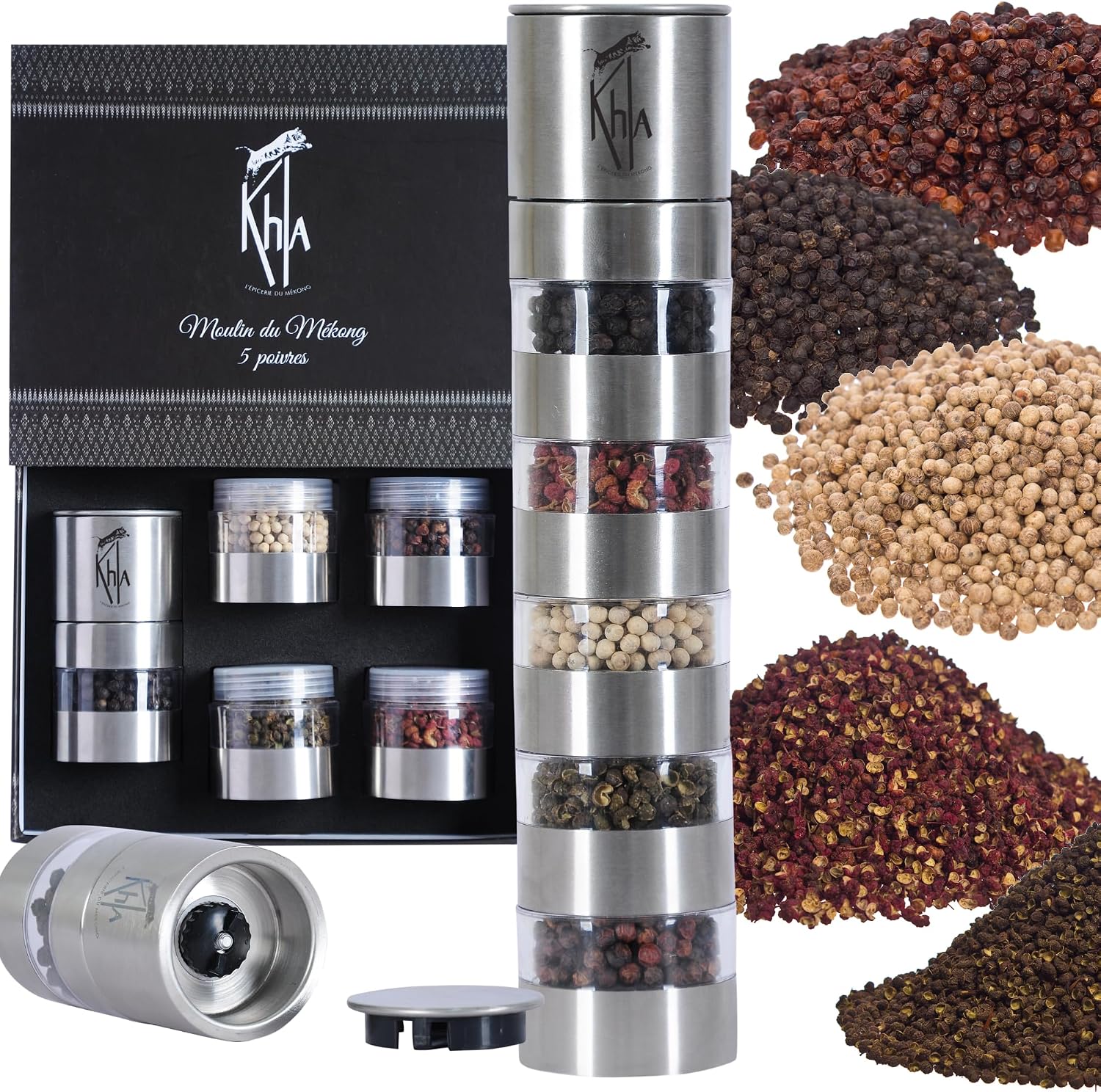 Khla - Set of 5 Mekong Pepper Mills - Gift Set - Kampot & Sichuan Pepper - Pepper from Around the World - Refillable Mills - Gift - Origin Cambodia & China