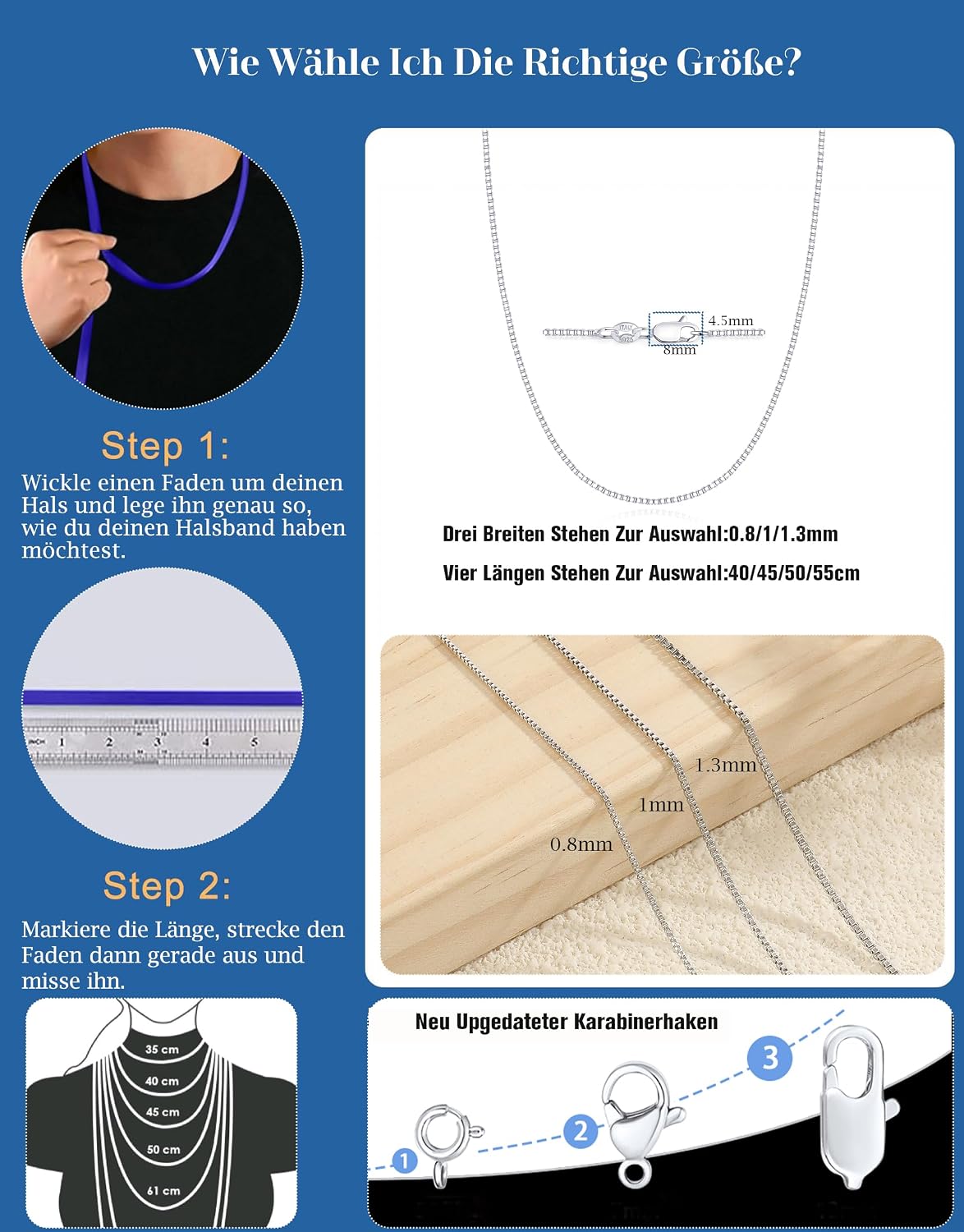 ZHESHY Women's 925 Silver Chain, 925 Sterling Silver Pendant, Fine Necklace, Width 0.8/1/1.3 mm, Waterproof, Antioxidation, Silver Jewellery, Gifts for Women, Girls, Length: 40 cm - 55 cm – Bild 6