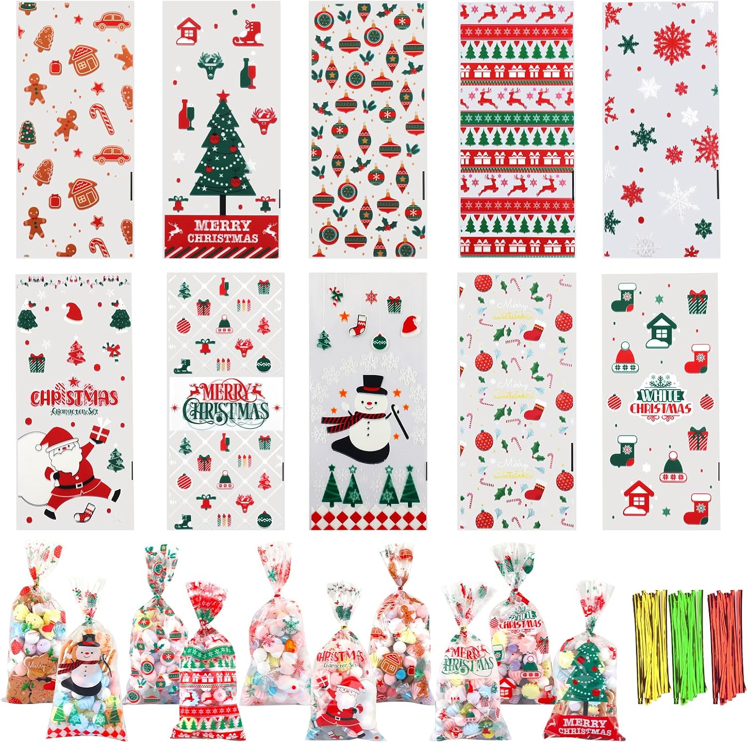 Pack of 120 Cellophane Bags, Christmas Candy Bags, Biscuits, Goody Bags with 120 Twist Ties, Bags for Filling, Cellophane Bags Small for Cookies, Biscuits, Chocolates (White)