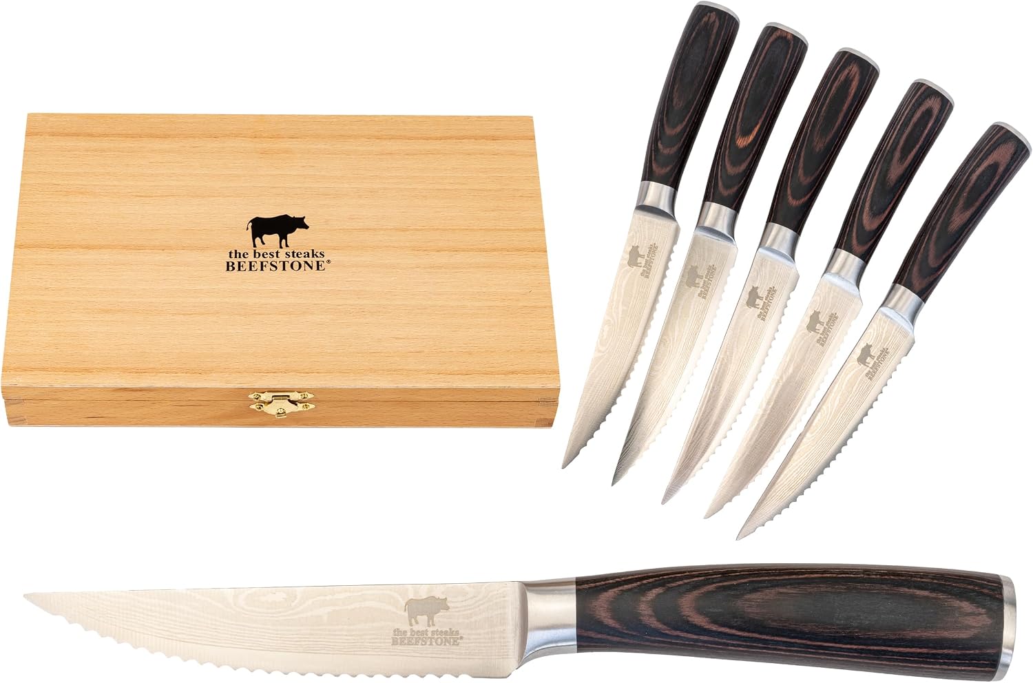 Steak Knife Set 6 Pieces Professional Chef's Knife, Ergonomic Wooden Handle, Serrated Edge, Gift Idea with Wooden Box for Storage