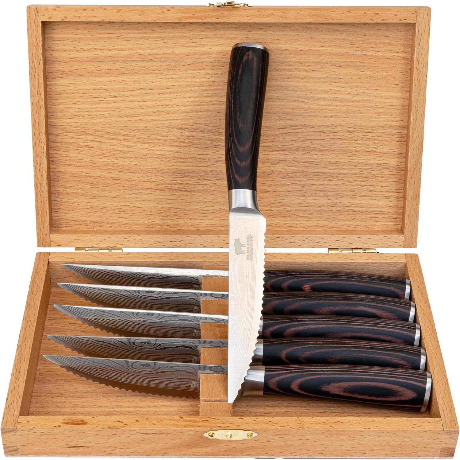 Steak Knife Set 6 Pieces Professional Chef's Knife, Ergonomic Wooden Handle, Serrated Edge, Gift Idea with Wooden Box for Storage – Bild 2