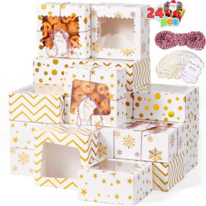 JOYIN Christmas Cookie Boxes, Gold Foil Box with Window, 6" x 6" x 3", Bakery Gift Wrapping with 4 Designs for Christmas, Holiday, Party, Pastry, Cupcakes, Cookies, Donuts, Pack of 24