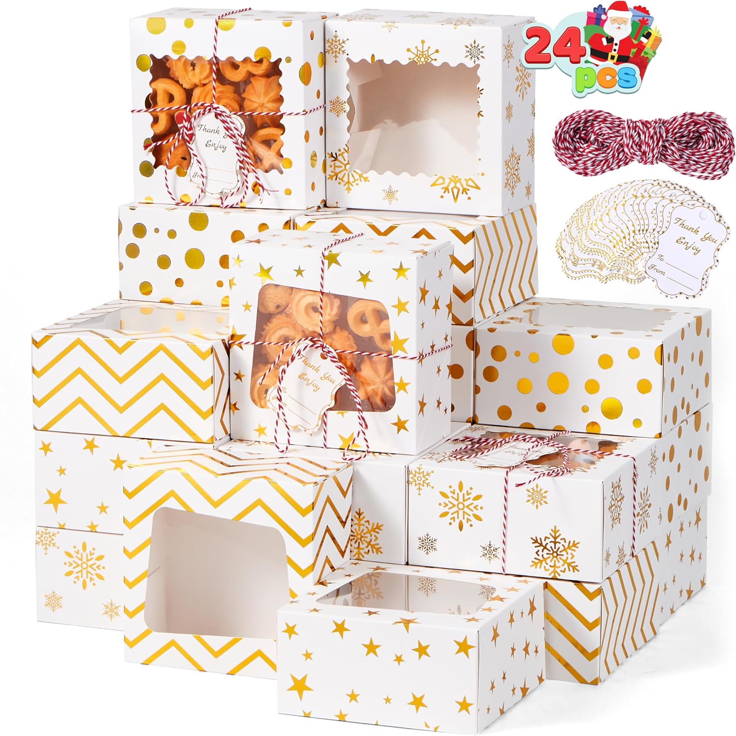 JOYIN Christmas Cookie Boxes, Gold Foil Box with Window, 6" x 6" x 3", Bakery Gift Wrapping with 4 Designs for Christmas, Holiday, Party, Pastry, Cupcakes, Cookies, Donuts, Pack of 24