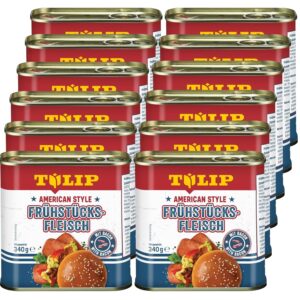 12 x Tulip American Style Breakfast Meat 340 g, Delicious Canned Meat in Practical Preserve, Pork Breakfast Meat with Bacon, 87% Pork