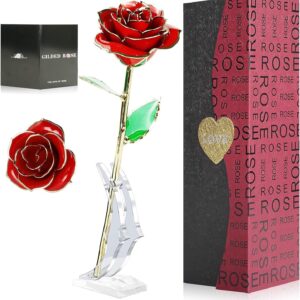 24K Gold Rose, Eternal Rose Gifts for Women, Gold-Plated Preserved Rose with Stand, Gift Box, Birthday Gift for Women, Girlfriend, Wedding Day, Valentine’s Day, Mother’s Day Gifts for Mum