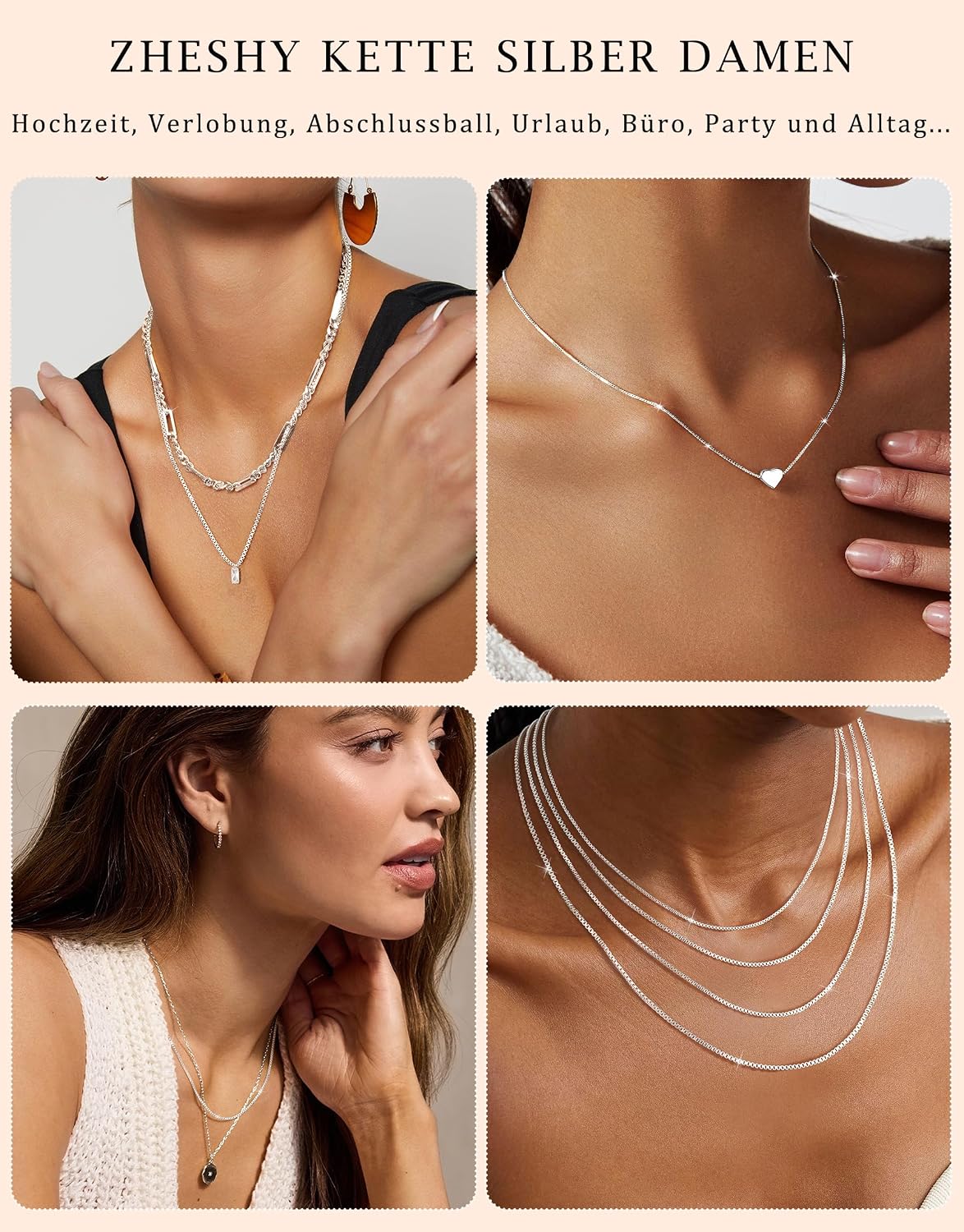 ZHESHY Women's 925 Silver Chain, 925 Sterling Silver Pendant, Fine Necklace, Width 0.8/1/1.3 mm, Waterproof, Antioxidation, Silver Jewellery, Gifts for Women, Girls, Length: 40 cm - 55 cm – Bild 4