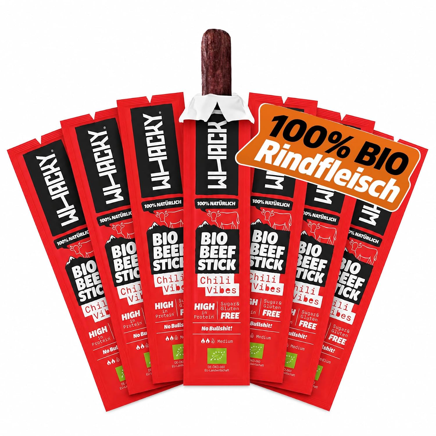 Whacky Organic Beef Sticks - Chili Vibes (9 x 32 g) Protein Snack Made of Beef - Salami Sticks without Sugar - Low Carb, for Fitness, Keto, Outdoor & On the Go - Spicy Chili Flavour
