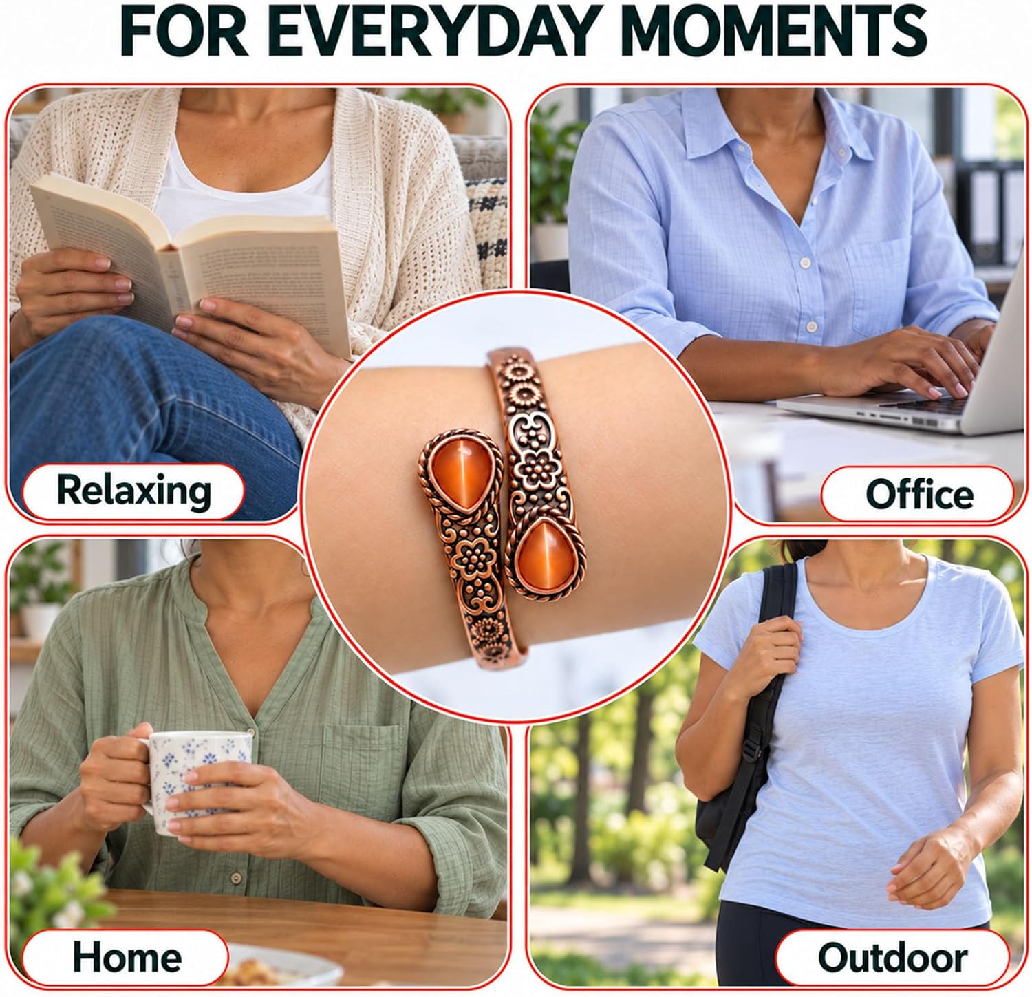 JEROOT Women's Pure Copper Magnetic Bracelet with 6 Powerful Magnets Vintage Flower Copper Bracelet with 2 Cat's Eye – Bild 6