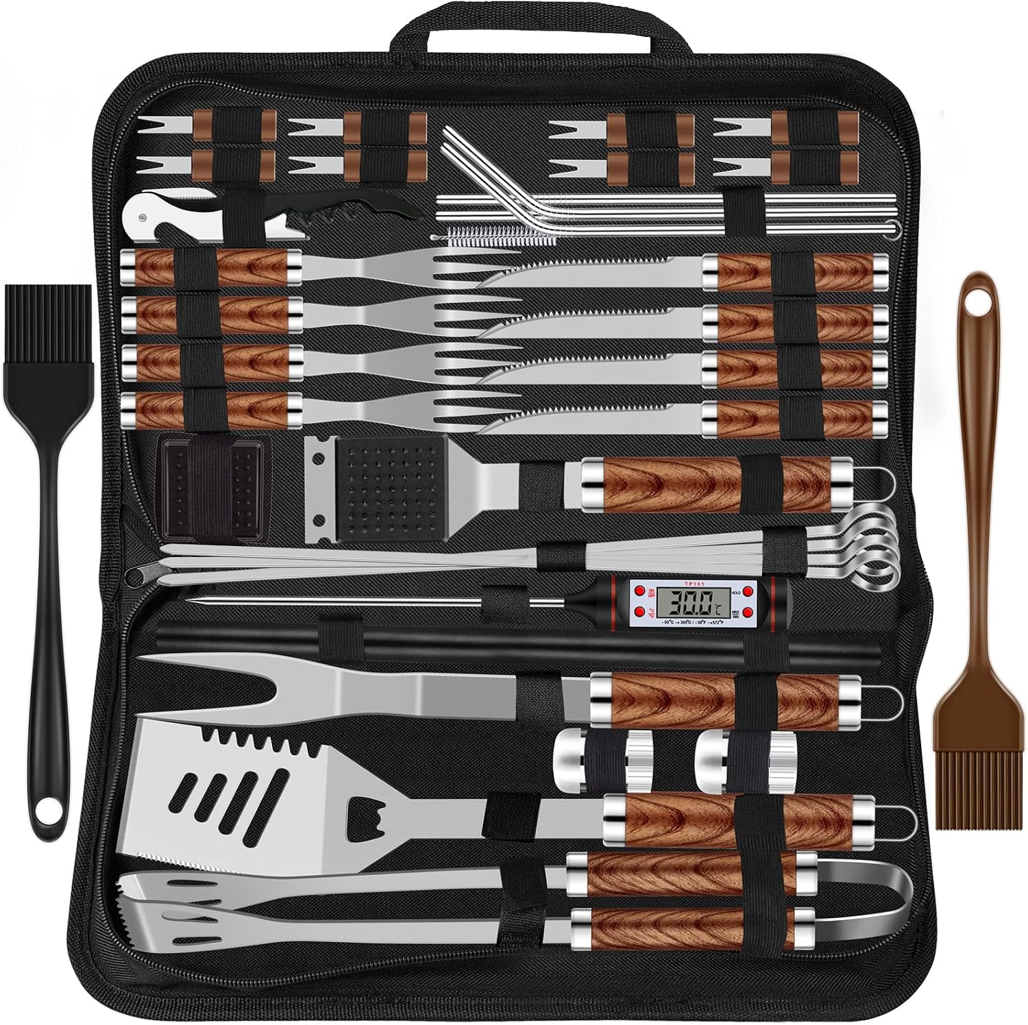 Grilliance 38-Piece BBQ Barbecue Cutlery Set Stainless Steel Barbecue Accessories for Men Gift Birthday High-Quality Barbecue Utensils Set Case with Grill Case and Grill Mat for Garden and Camping Brown