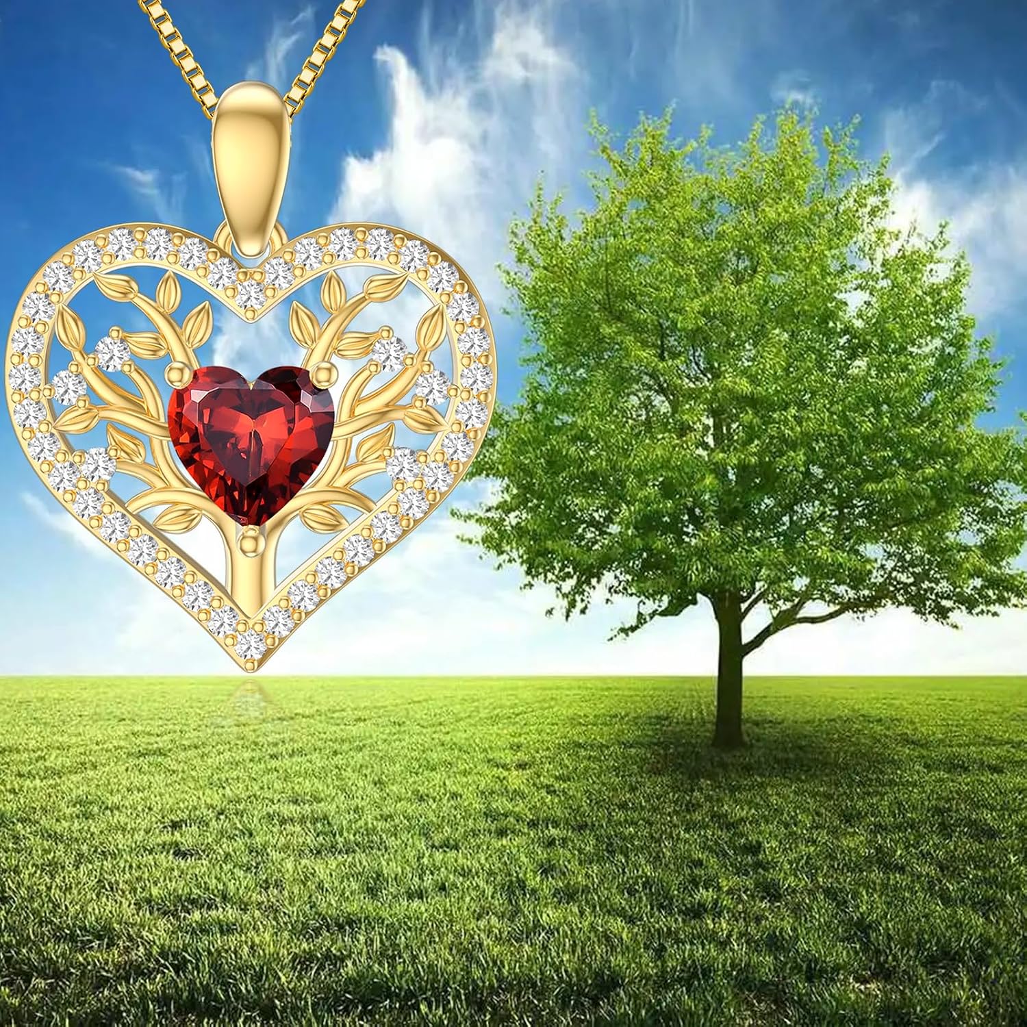 9k Gold Tree of Life Necklace for Women, 375/9ct Real Gold Tree of Life Birthstone Heart Pendant Necklace Jewellery Gifts for Birthday Christmas 40 + 5 cm – Bild 2
