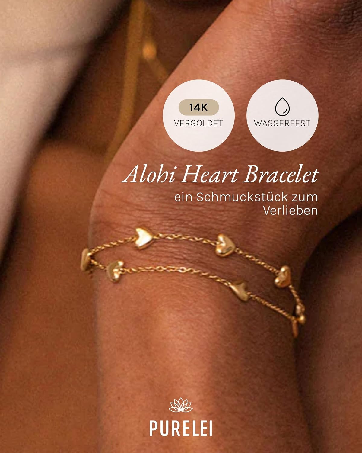 Purelei Alohi Heart Bracelet - Double Row Heart Women's Bracelet - Made of High Quality Durable Stainless Steel - Adjustable Length 16-19cm - Hawaiian Inspired & Waterproof – Bild 2