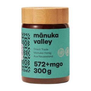 MANUKA VALLEY – Manuka Honey with 572+ MGO in Glass 300g Lab Tested and Certified – 100% Natural Manuka Honey from New Zealand Caramel Manuka Honey with Fine, Earthy Aftertaste