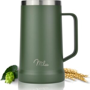 Milu Beer Mug, Stainless Steel Insulated Beer Glass with Lid, Thermal Mug with Handle, Beer Gift for Men, Dad, Keeps Cold for 7 Hours (700 ml, Olive Green)