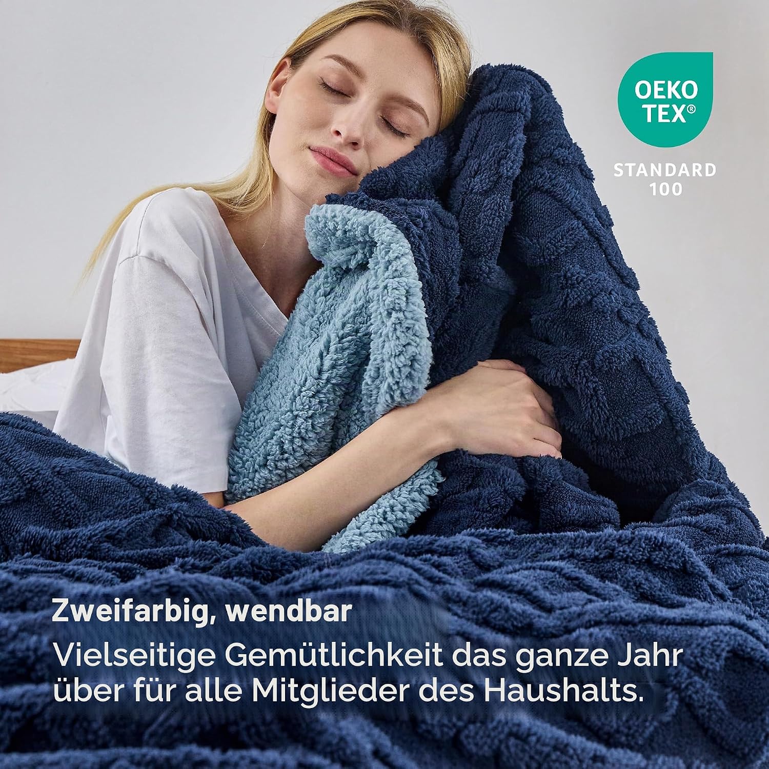 BEDSURE Sherpa Knitted Blanket 220 x 240 cm Warm Wool Blanket Blue – Bild 3