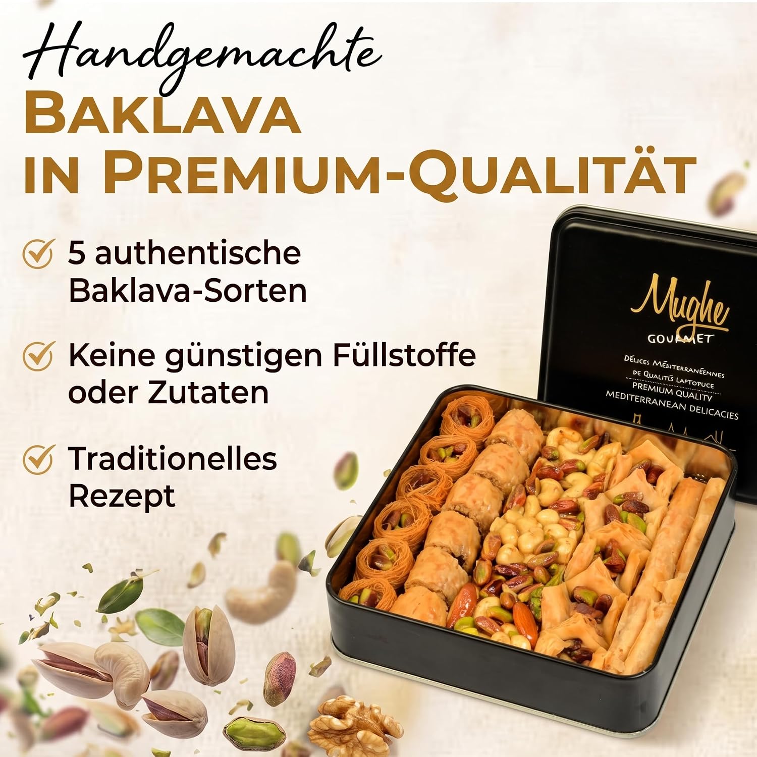 Mughe Gourmet Baklava with Pistachio Assortment Metal Gift Box 385g – Bild 2
