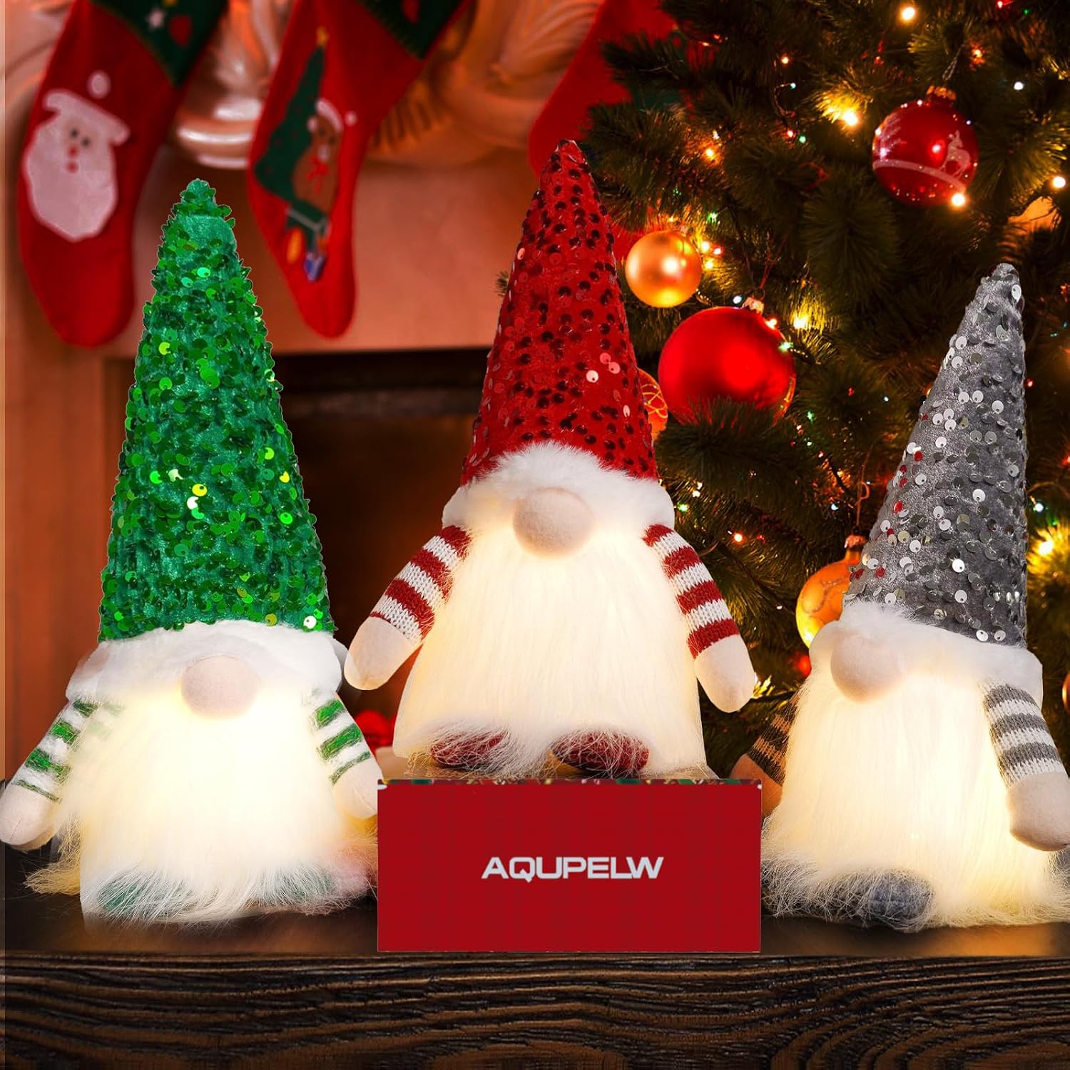 Christmas Decoration Gnome with Light, Pack of 3 - LED Christmas Gnome Figures Made of Plush - Luminous Decorative Gnome with Gift Box Set – Bild 2