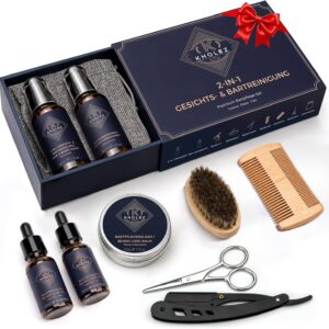 Beard Care Set for Men, KHOLEZ Gift for Men – 10-in-1 Beard Care Men’s Set with Beard Shampoo (60 ml), Beard Conditioner (60 ml), 2 x Beard Oil (20 ml), Beard Balm, Comb, Brush & Scissors