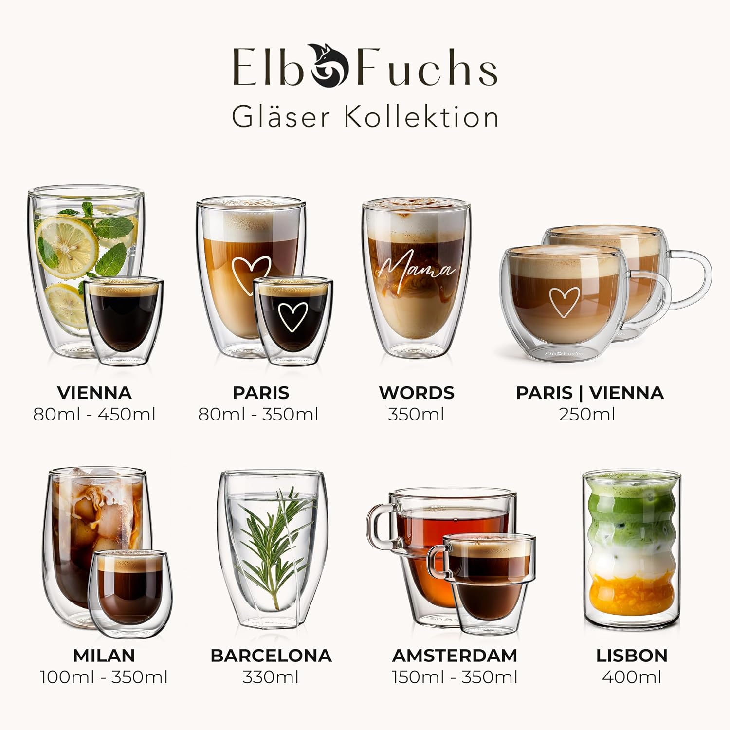 ElbFuchs® Latte Macchiato Glasses Double-Walled, 4 x 350 ml, Gift Idea with HEART, Crystal Clear Thermal Glasses Double-Walled, Ideal as Cappuccino Glasses, Coffee Glasses, Tea Glasses – Bild 9
