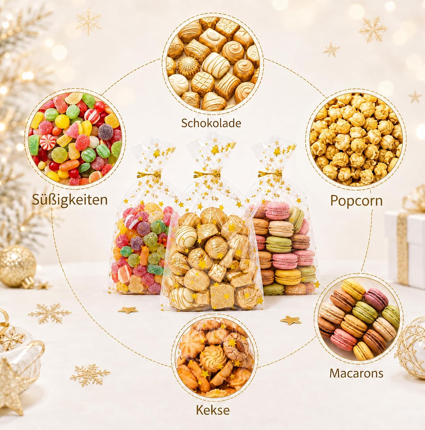 Pack of 100 Christmas Cookie Bags - Golden Star Biscuit Bags Christmas 15 x 25 cm | Cellophane Bags Transparent with Twist Ties, Christmas Bags for Filling for Biscuits, Sweets – Bild 4