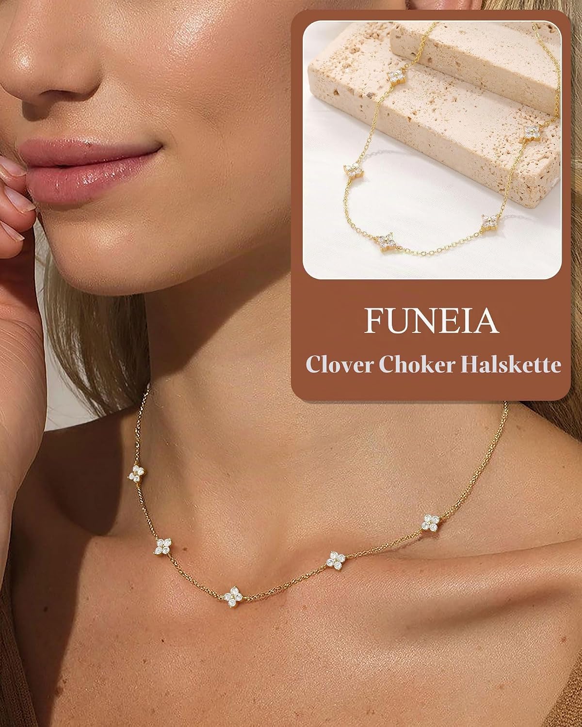 FUNEIA Women's Gold Necklace 18 Carat Gold-Plated with Birthstone Pendant Waterproof Gold Chain with Clover Leaf Adjustable Golden Chain for Girlfriend Women Girls Gold Jewellery Birthday Gift – Bild 3