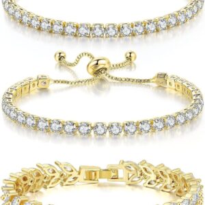 GEMOSA Set of 3 Women’s Tennis Bracelets, Zirconia Brass, Layering Bracelets Set, Adjustable & Marquise Cut, Bridal Jewellery, Wedding, Ball & Gift for Women