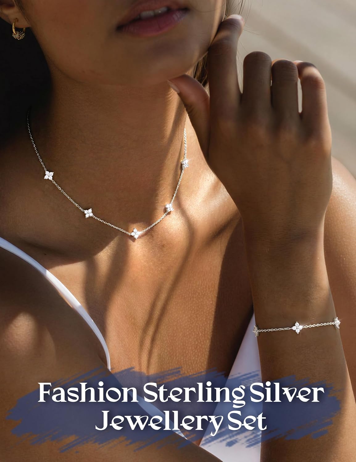 Diamday Women's 925 Silver Necklace Bracelet Gold Silver Jewellery Set Adjustable Choker Chain Bracelet Set with Zirconia Fashion Jewellery Wedding Bridal Jewellery Set Silver 925 Women – Bild 3