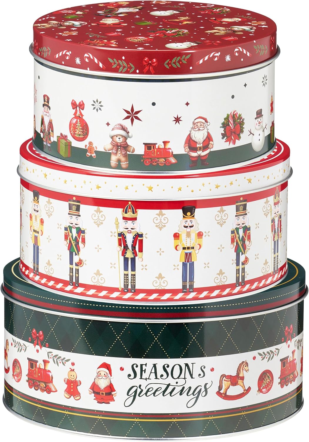 Annastore Christmas Tins Metal Set of 3 - Round Biscuit Tins with Nostalgic Motifs Diameter 19.5 cm Stackable Storage Tins for Cookies & Pastries - Decorative Biscuit Boxes for Christmas