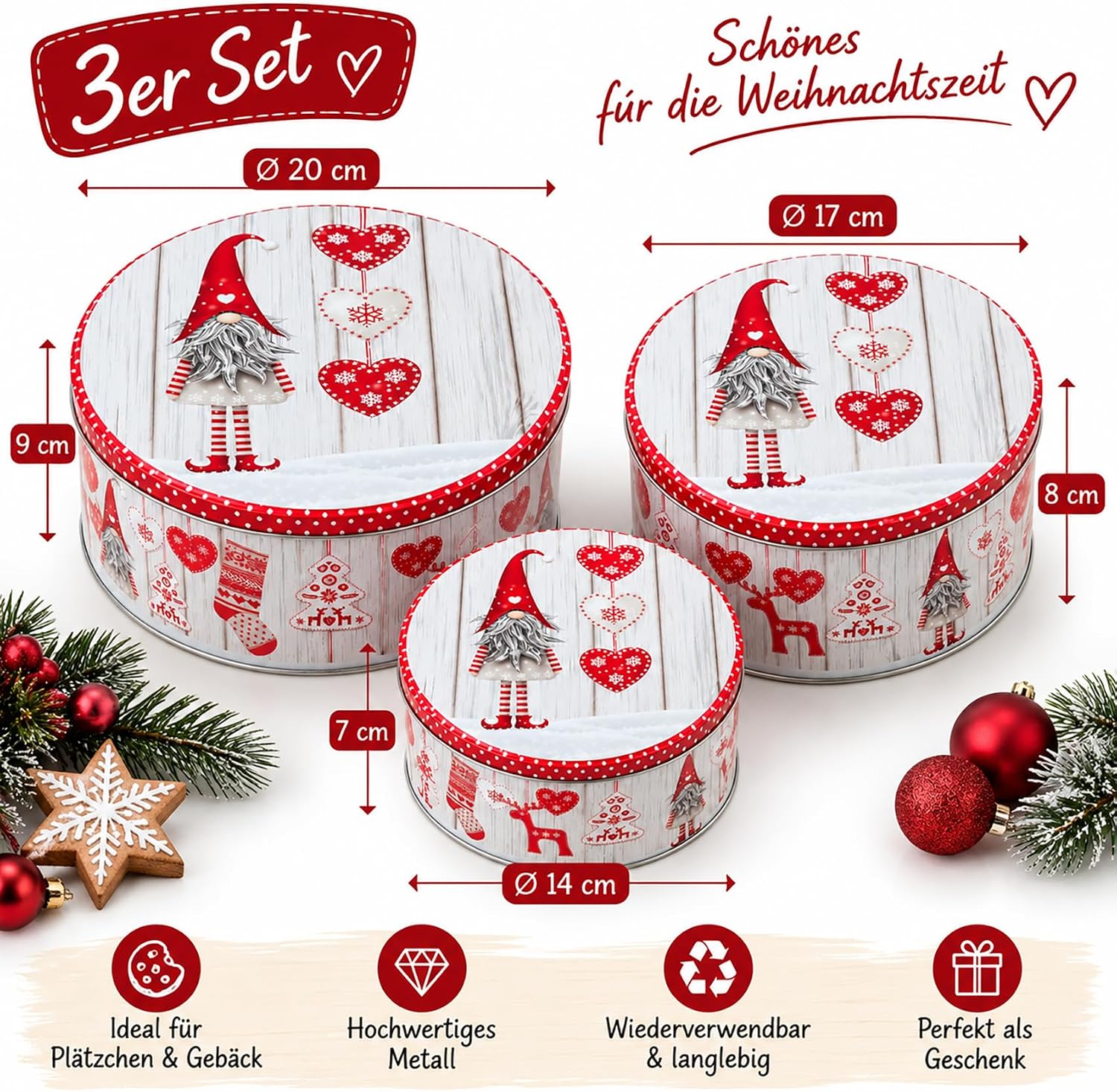 KAMACA Set of 3 Biscuit Tins, Biscuit Tins, Metal Gnome Christmas Red – Bild 5
