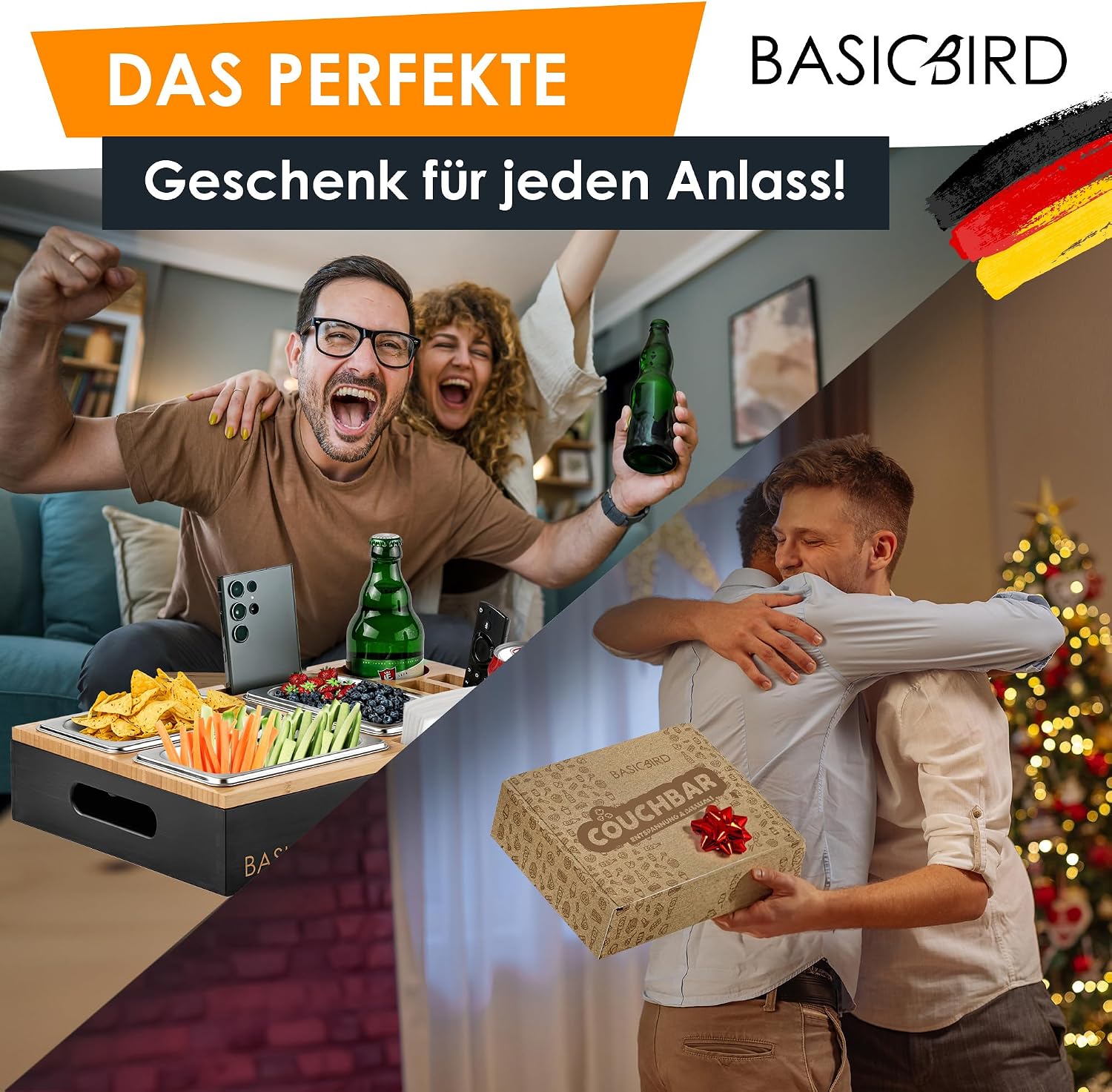 BASICBIRD® Couch Bar Snack Box - Organiser Tray - Snack Dispenser with 3 x Snack Bowls - Wooden Sofa Tray for Sofa, Decoration, Couch Bar with Drink Holder and Compartments - Motorhome Equipment – Bild 6