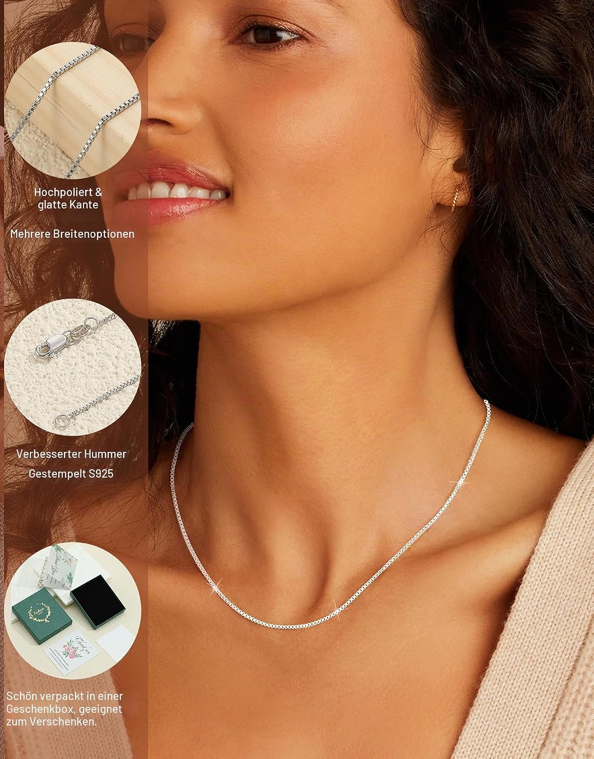 ZHESHY Women's 925 Silver Chain, 925 Sterling Silver Pendant, Fine Necklace, Width 0.8/1/1.3 mm, Waterproof, Antioxidation, Silver Jewellery, Gifts for Women, Girls, Length: 40 cm - 55 cm – Bild 2