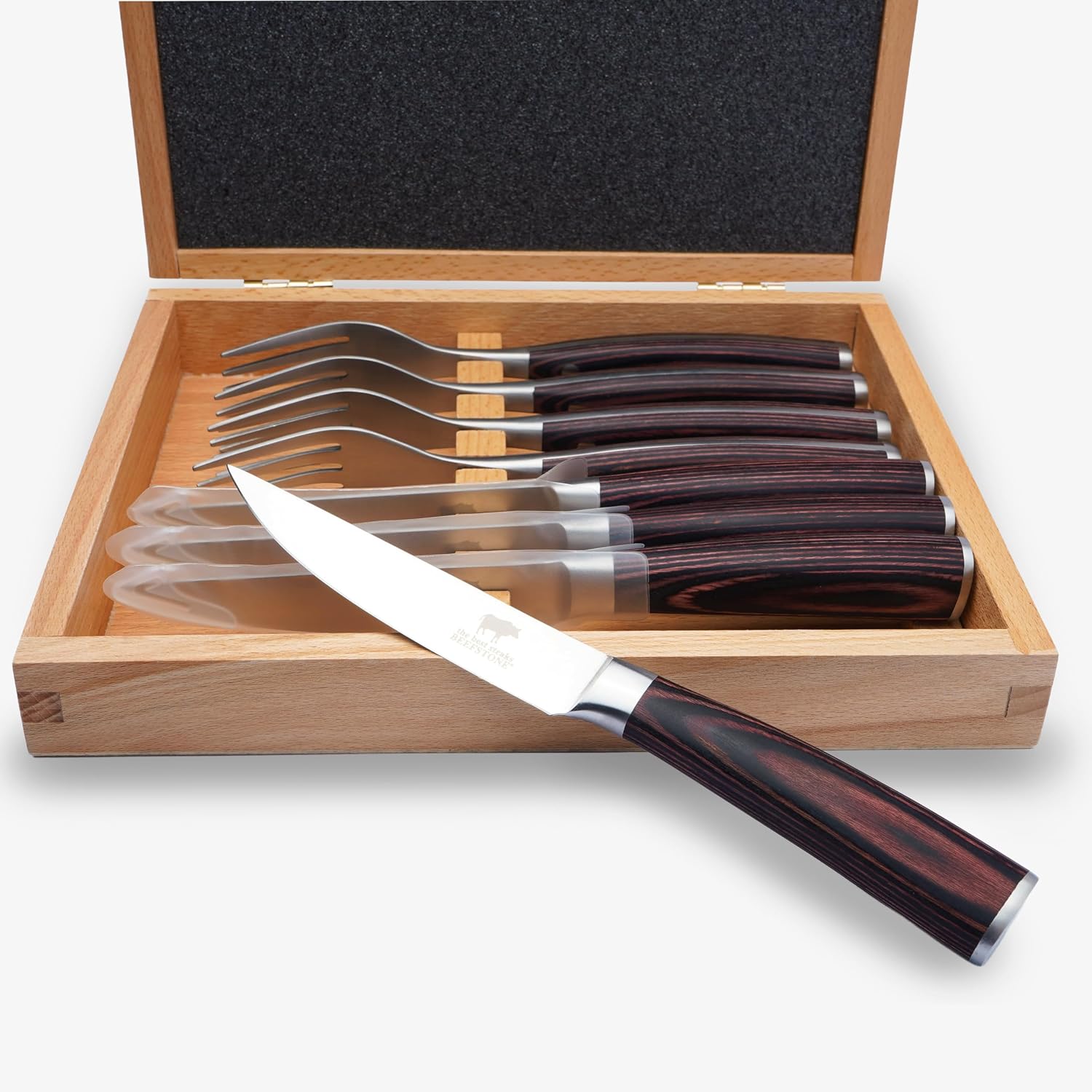 Steak Cutlery Set 8 Pieces, 4 Steak Knives with Smooth 12 cm Blade + 4 Steak Forks, Ergonomic Pakka Wooden Handles, Wooden Gift Box