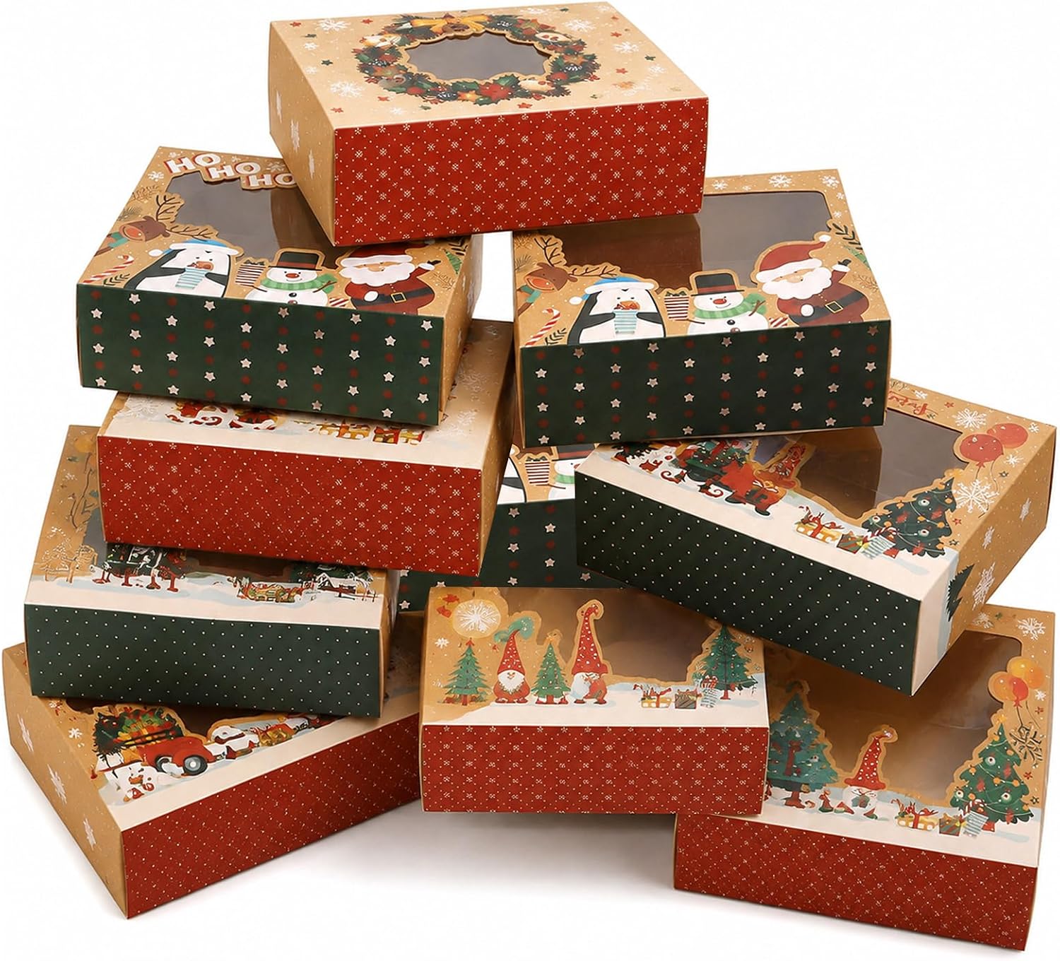Pack of 12 Christmas Biscuit Boxes with Window Made of Kraft Paper