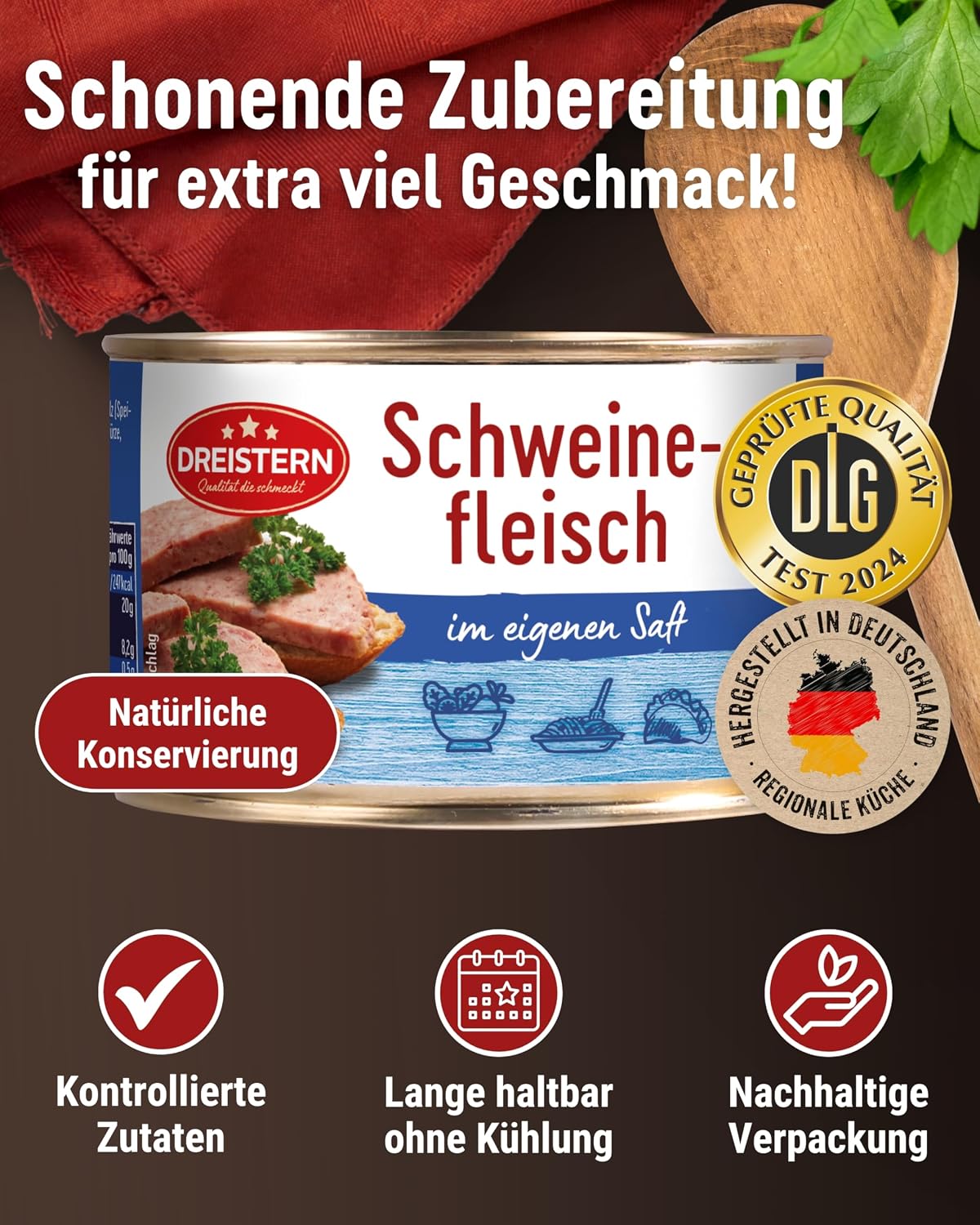 DREISTERN Pork in Own Juice, 400 g, with Pork Rash, Hearty Specialty in Recyclable Canning Tin, Long Shelf Life Thanks to Natural Preservation, Homemaker Quality – Bild 2