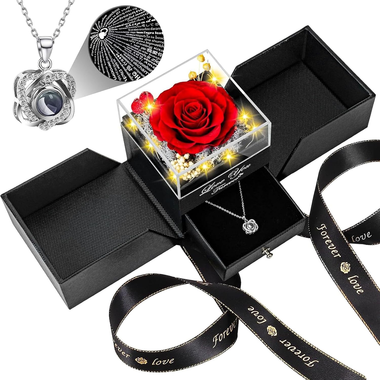 Lebana Eternal Rose with Heart Necklace and LED Lighting Gift Set for Women Mum Girlfriend for Birthday Christmas Valentine's Day Wedding Anniversary Mother's Day Red