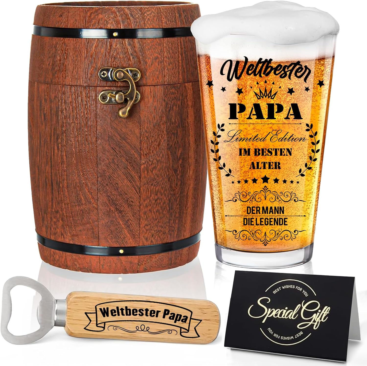 Dad Gifts, Gifts for Men, Personalised Beer Glass with Engraving, Dad Beer Glass in Barrel Box, 470 ml, Gift for Father's Day, Birthday Gift, Funny Gift with Greeting Card