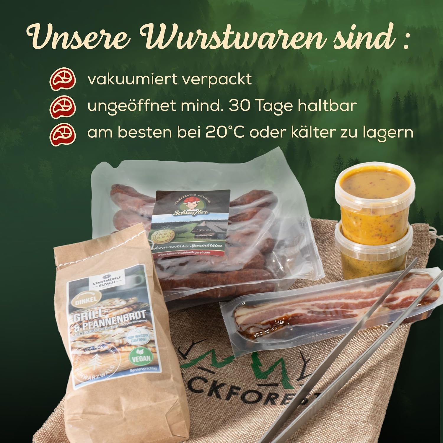 Grill Gift Set 7 Pieces in Jute Bag - Black Forest Specialities with Barbecue Tongs, Bacon, Farmer Sausages, Dips & Bread Baking Mix - Gift for Men & Grill Fans – Bild 4