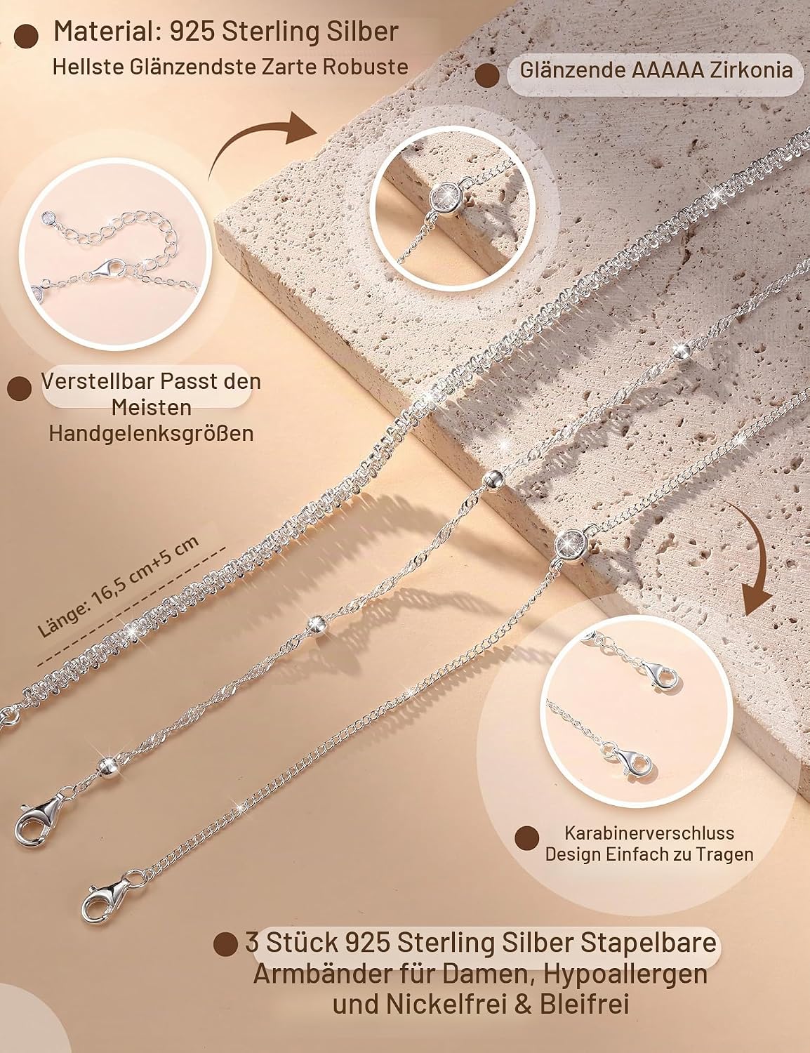 Women's 925 Silver Bracelets, Gold Bracelet with Cubic Zirconia, Waterproof Bracelets Set, Gold-Plated, Women's Bracelet, Stackable Tennis Beads, Adjustable Bracelet, Jewellery, Gift for Women, Pack – Bild 6