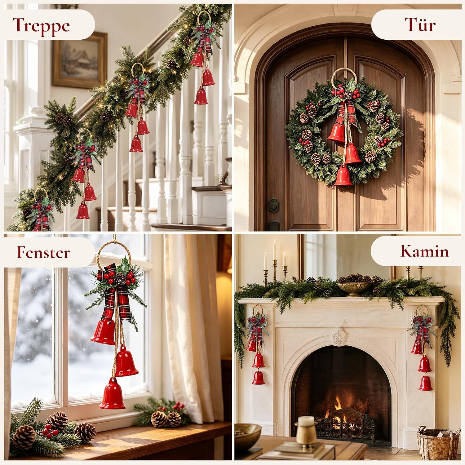 Red Christmas Bells Hanging 3 Large Rustic Bells with Jute Rope – Bild 6
