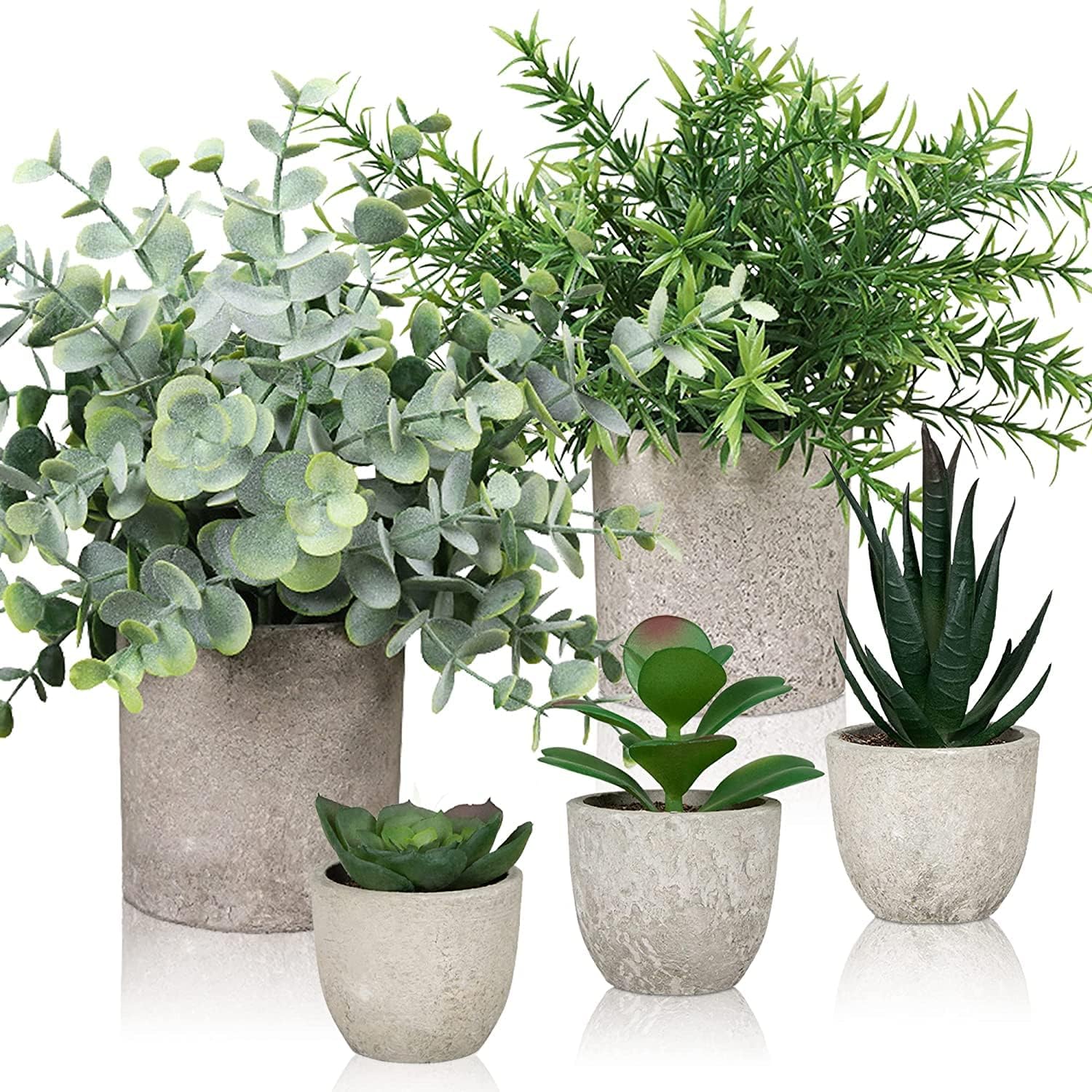 Set of 5 Artificial Plants, Artificial Plants in Pot, Artificial Plants Like Real for Indoor, Fake Plant Succulent Pot, Plastic Plant for Living Room, Bathroom, Desk, Windowsill Decoration