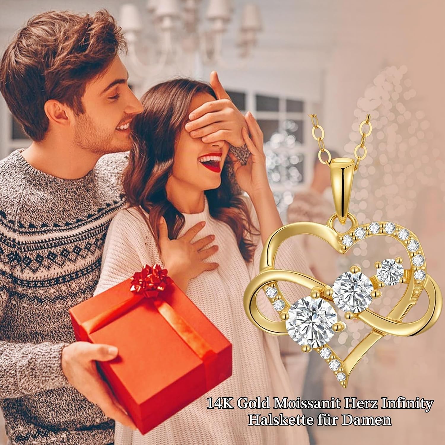 375/9K Echtgold Herz Kette für Damen, Gelbgold 0,55-1,2 cttw Moissanit Unendlichkeit Herz Anhänger Halskette,Schmuckgeschenk Jahrestag Geburtstag für Ehefrau Mutter,40+5cm – Bild 5
