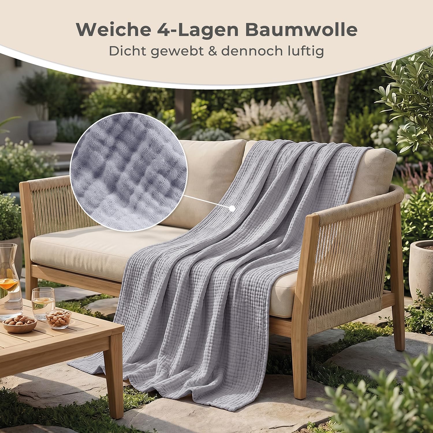 LAYNENBURG Premium Muslin Bedspread 150 x 200 cm - 100% Cotton - Extra Soft, Lightweight Summer Blanket as Cuddly Blanket, Bed Throw, Cotton Blanket, Couch Throw - Warm Sofa Blanket (Grey) – Bild 7