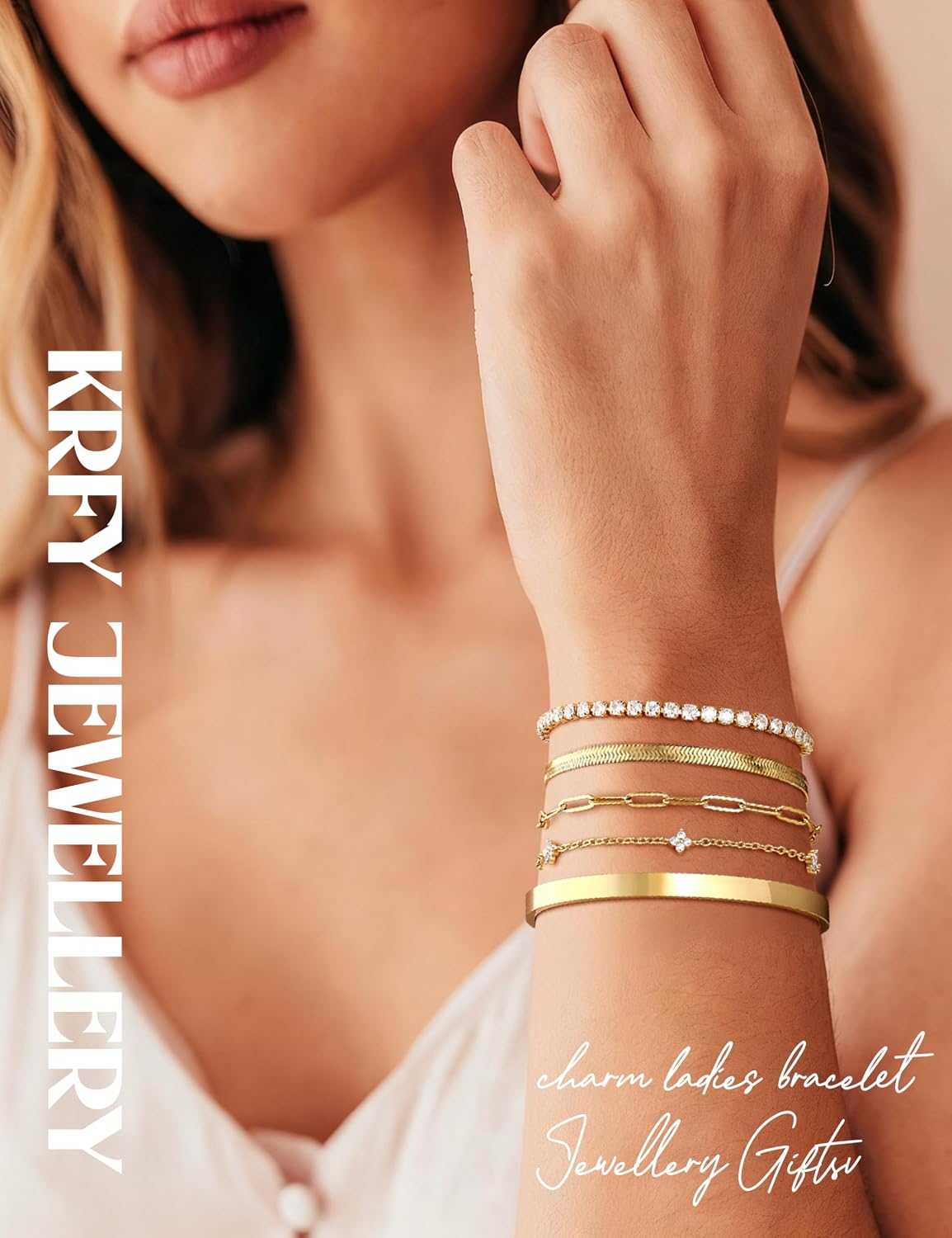 Krfy 5 Women's Gold Silver 14K Gold-Plated Jewellery Bracelet Set Dianty Adjustable Stackable Bracelets CZ Tennis Bracelets Herringbone Chain Bracelets for Women and Girls Bracelet Gifts – Bild 4
