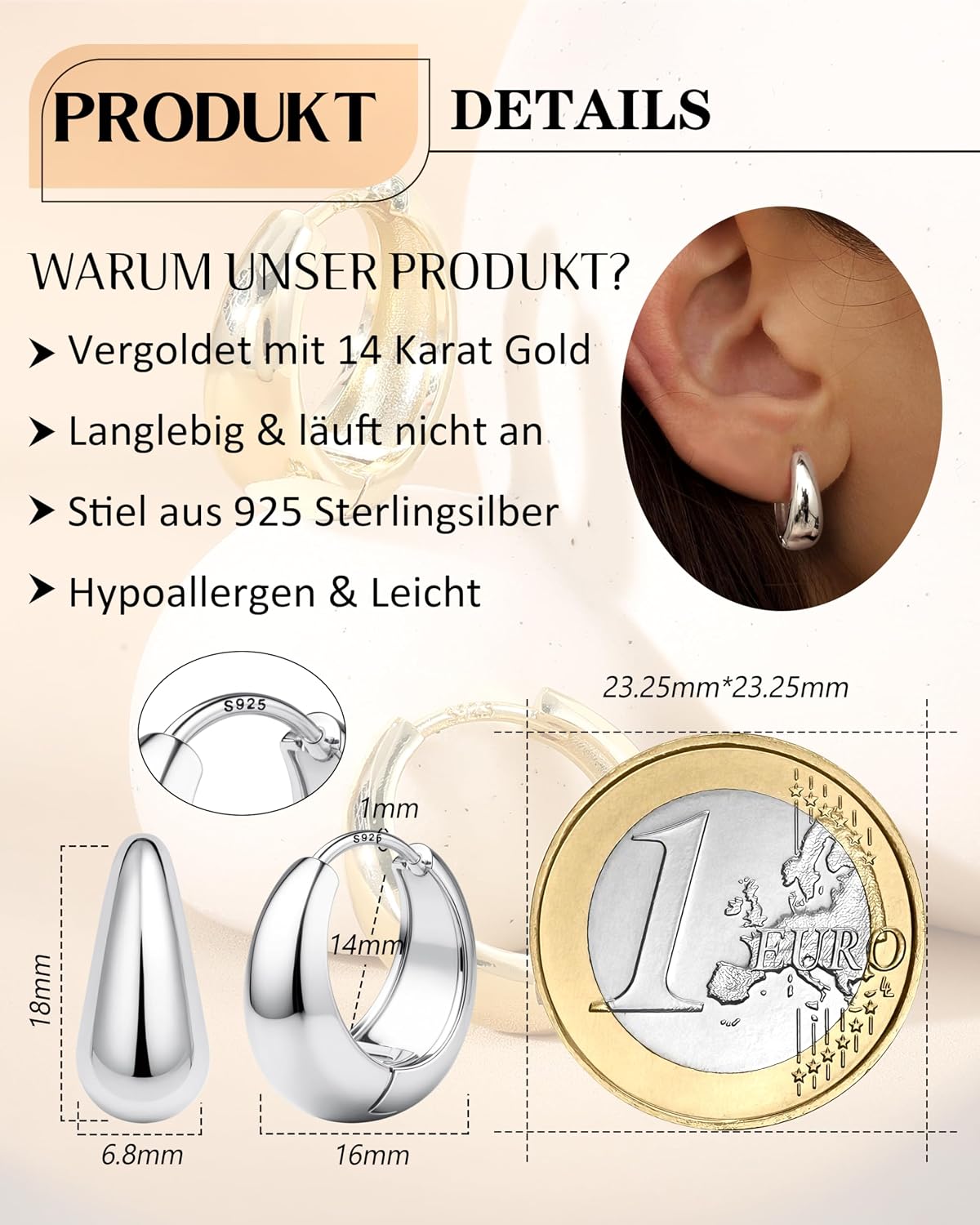 FIOROYAL 925 Silver Hoop Earrings for Women, Hypoallergenic Earrings Chunky 14K Gold Hoop Earrings Small Huggie Teardrop Stud Earrings for Sensitive Ears (Gold/Silver) – Bild 2